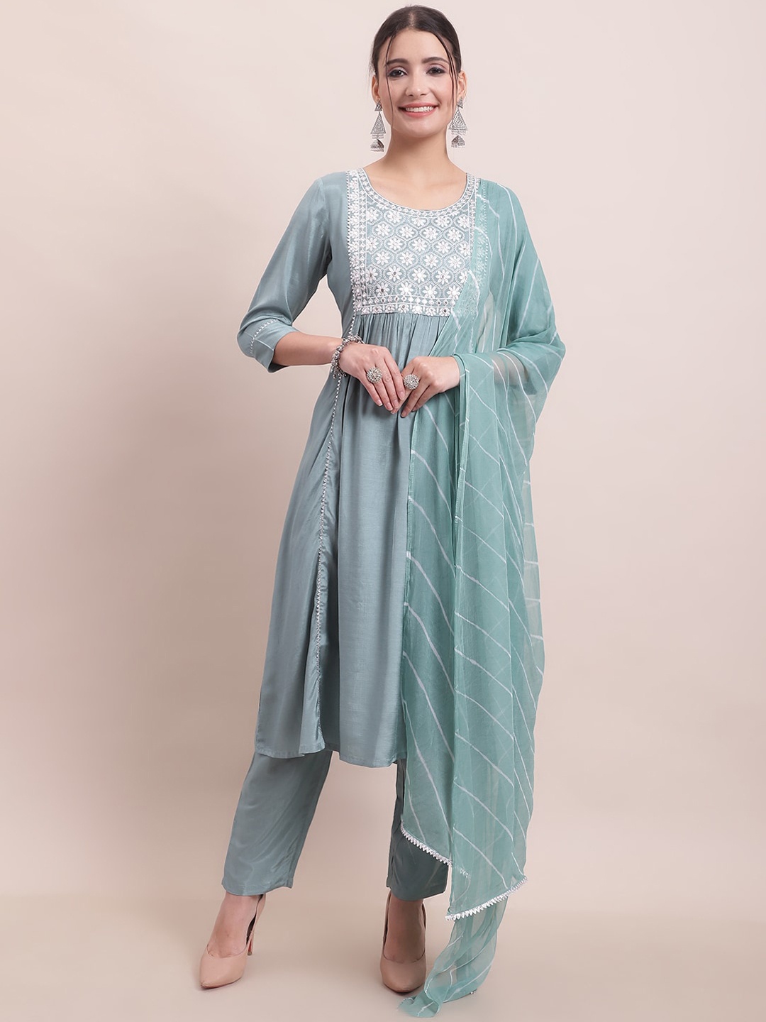 

Sangria Green Embroidered A-Line Kurta With Trouser & Dupatta