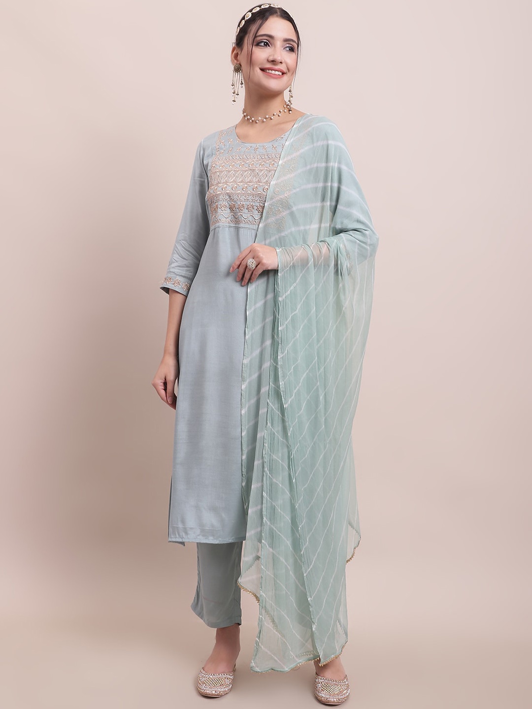 

Sangria Blue Embroidered Kurta With Trouser & Dupatta