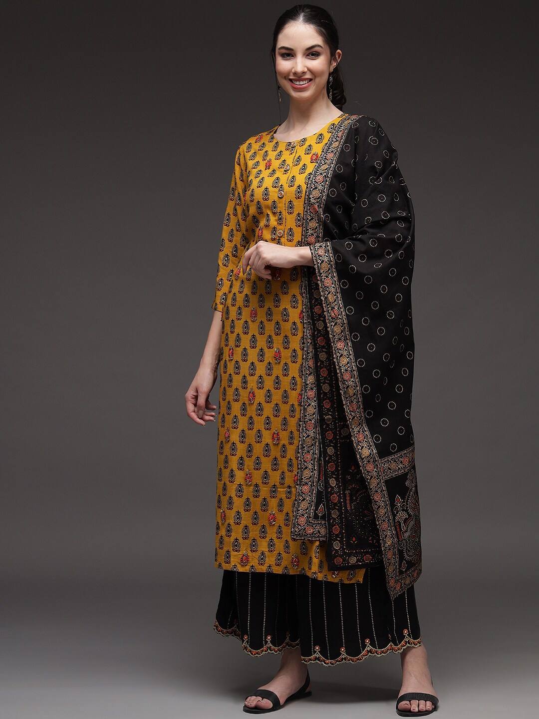 

KALINI Printed Straight Kurta With Palazzo & Dupatta, Mustard