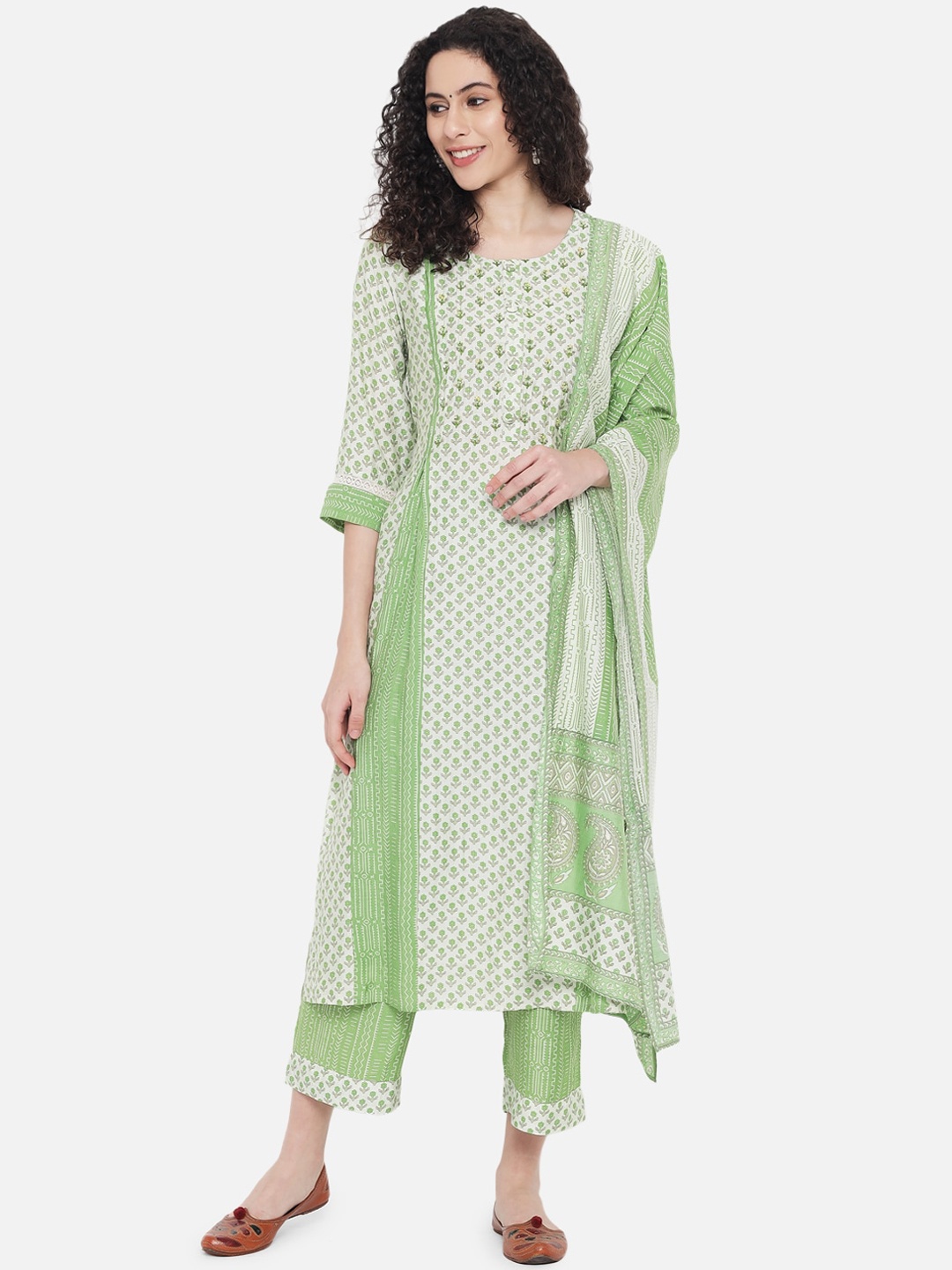 

KALINI Floral Printed Sequinned Straight Kurta With Trousers & Dupatta, Green