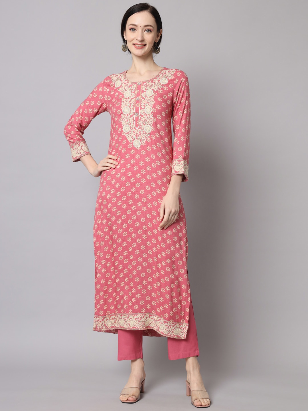 

KALINI Embroidered Straight Kurta With Trousers, Pink