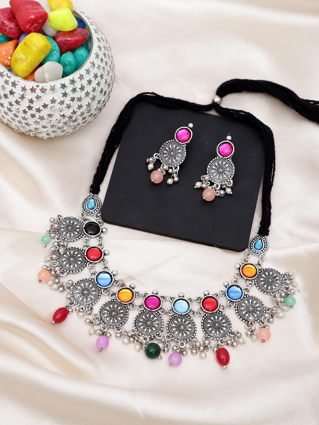 

Sangria Silver-Toned & Red Silver-Plated Stone-Studded Jewellery Set