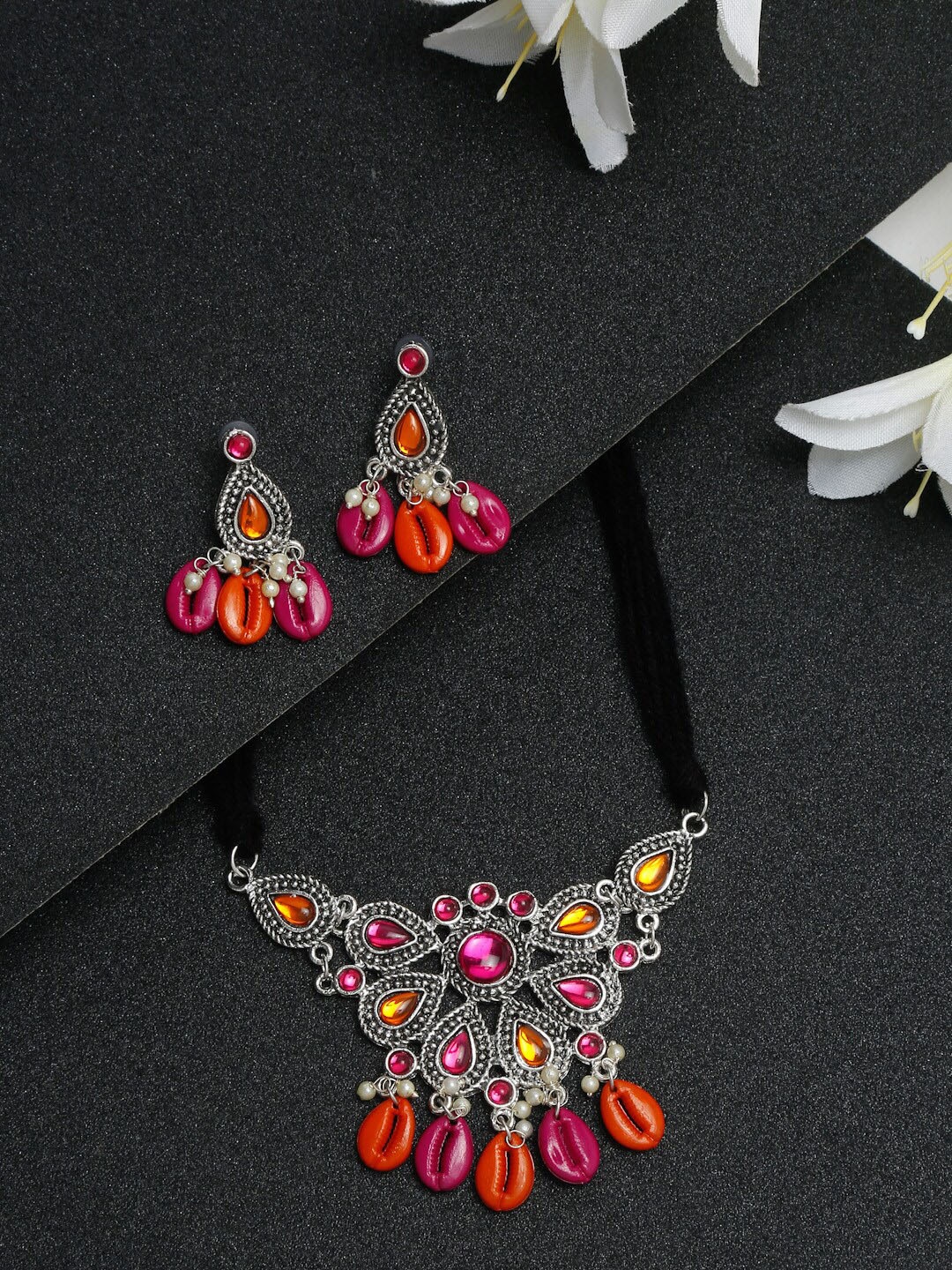 

Sangria Silver-Toned & Red Silver-Plated Stone-Studded Jewellery Set