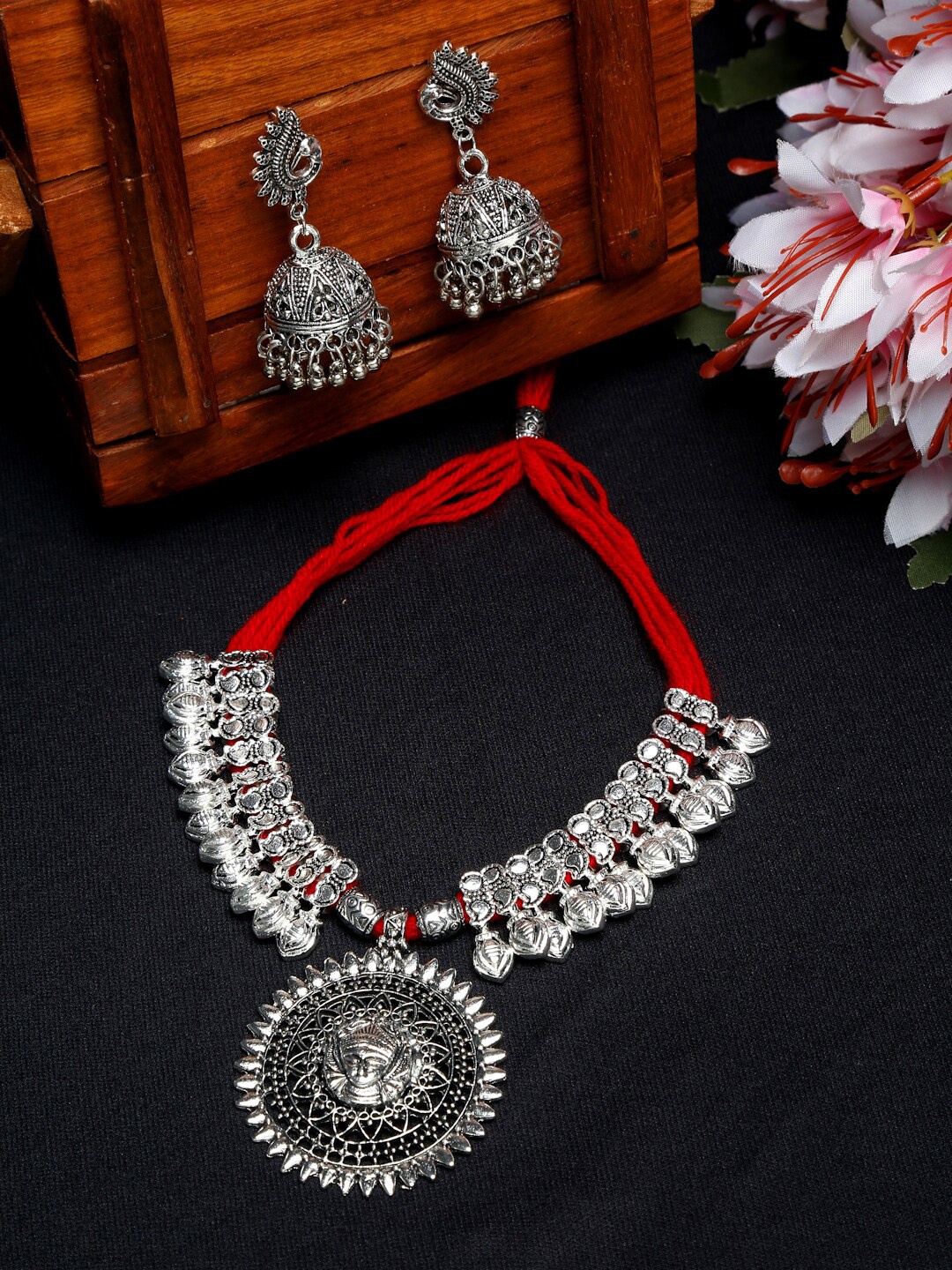 

Sangria Silver-Toned & Red Silver-Plated Oxidised Jewellery Set