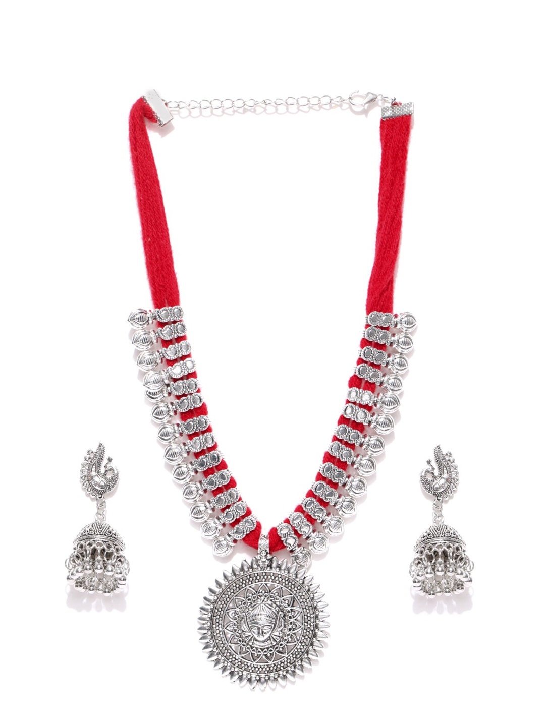 

Sangria Silver-Toned & Red Silver-Plated Stone-Studded Jewellery Set