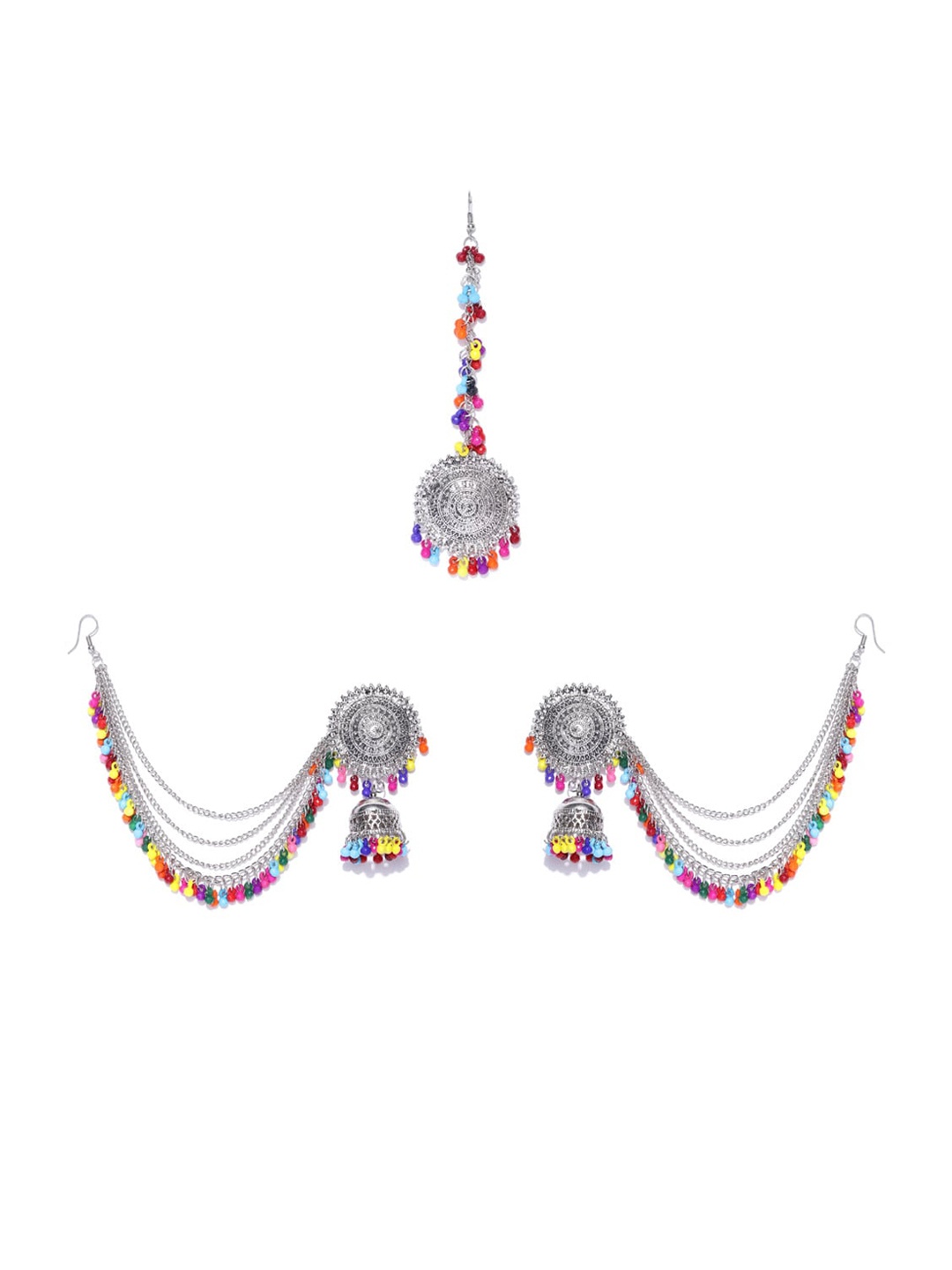 

Sangria Silver-Toned & Pink Silver-Plated Stone Studded & Beaded Jewellery Set