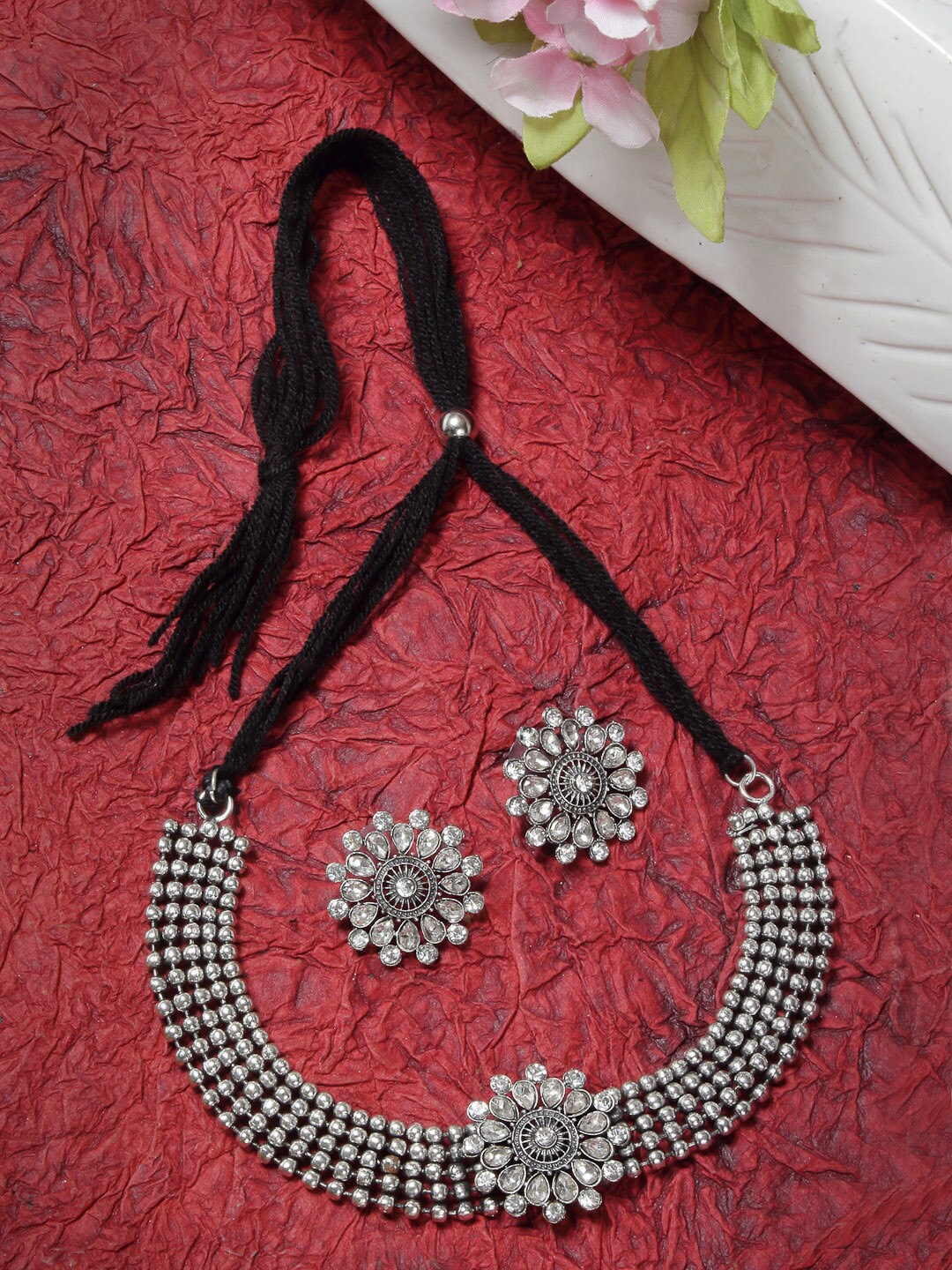 

Sangria Silver-Toned & White Silver-Plated Stone-Studded Jewellery Set