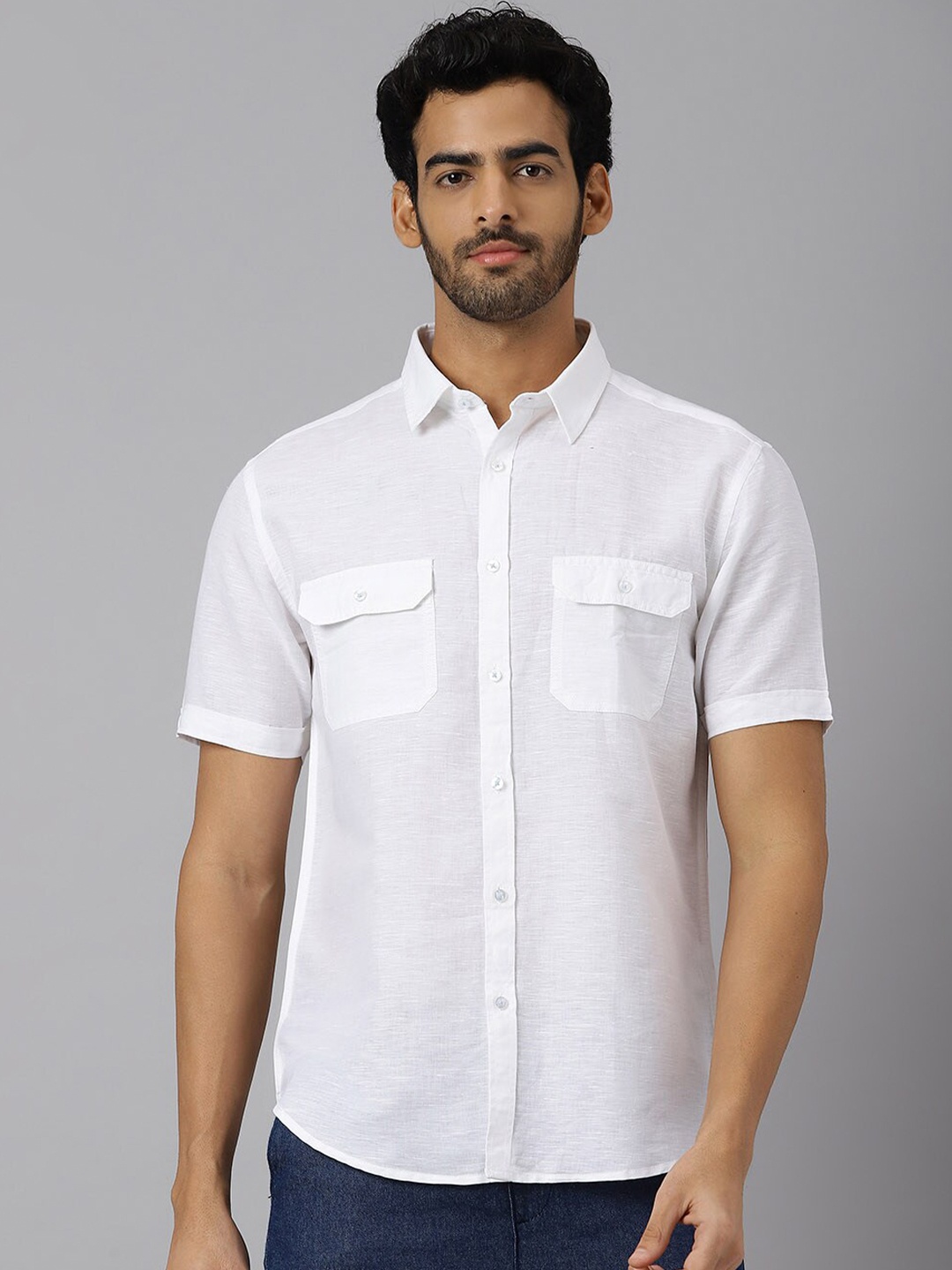 

KINGDOM OF WHITE Spread Collar Cotton Linen Casual Shirt