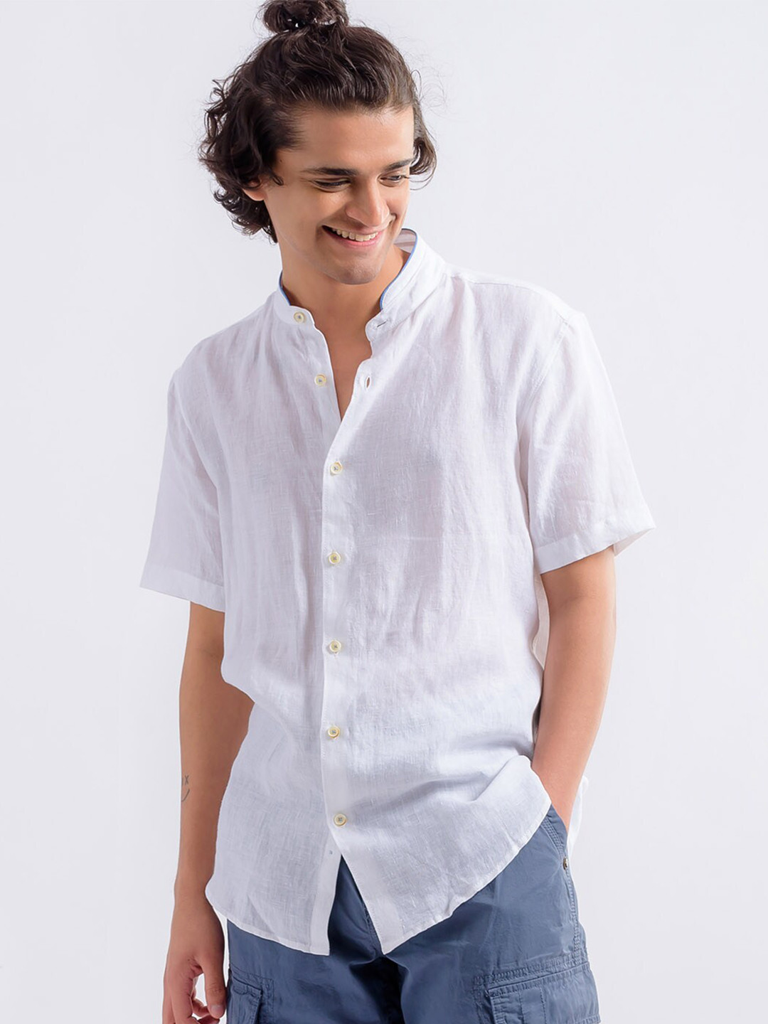 

KINGDOM OF WHITE Mandarin Collar Pure Linen Casual Shirt