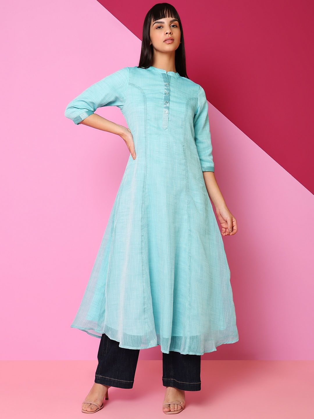 

Indifusion Mandarin Collar Panelled Cotton A-Line Kurta, Blue