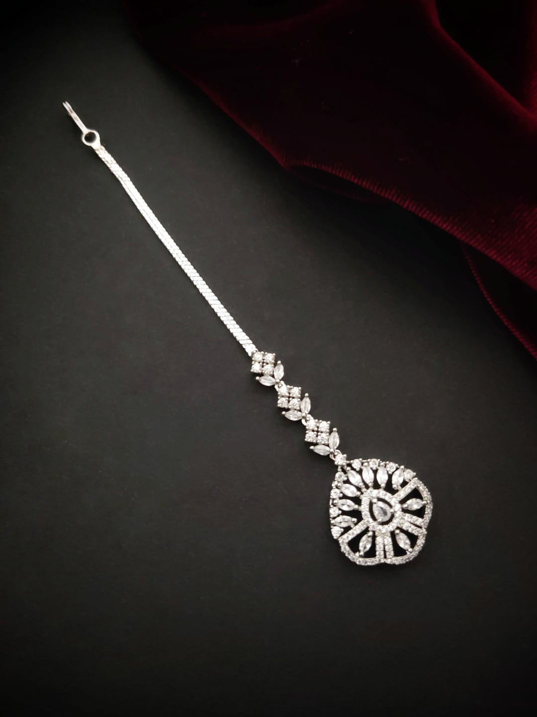 

Pihtara Jewels Silver-Plated American Diamond Stone-Studded Maang Tikka, White