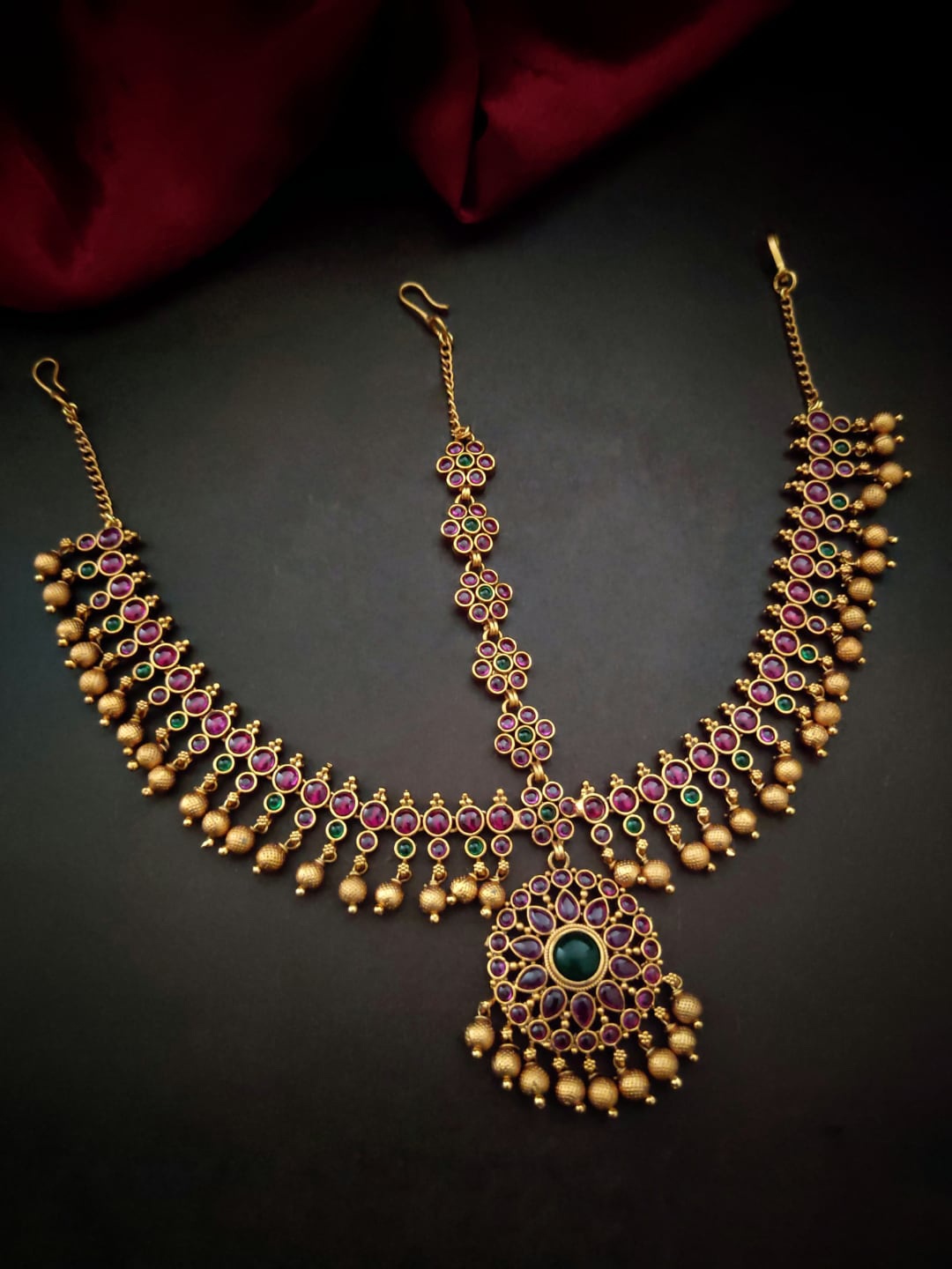 

Pihtara Jewels Gold-Plated Stone-Studded & Beaded Matha Patti