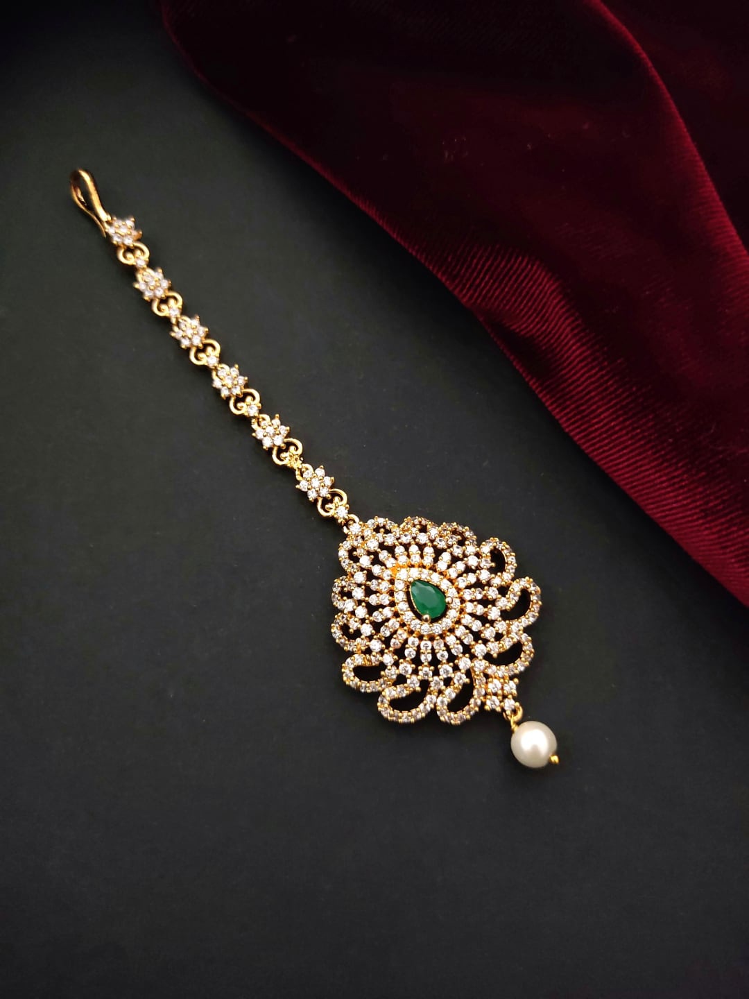 

Pihtara Jewels Gold Plated & AD Studded Maang Tikka, White