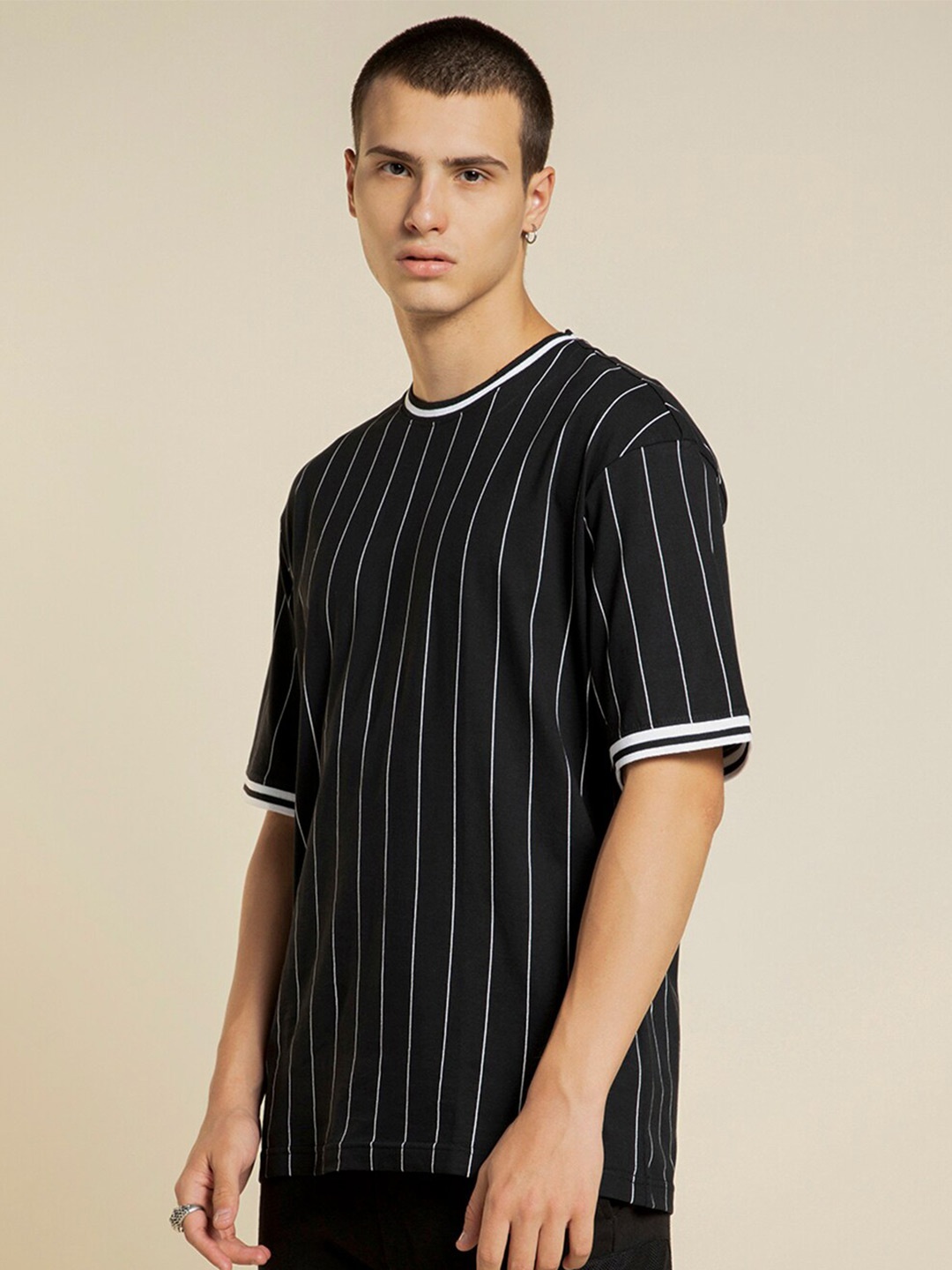 

Bewakoof Striped Cotton Drop-Shoulder Sleeves Oversized T-shirt, Black