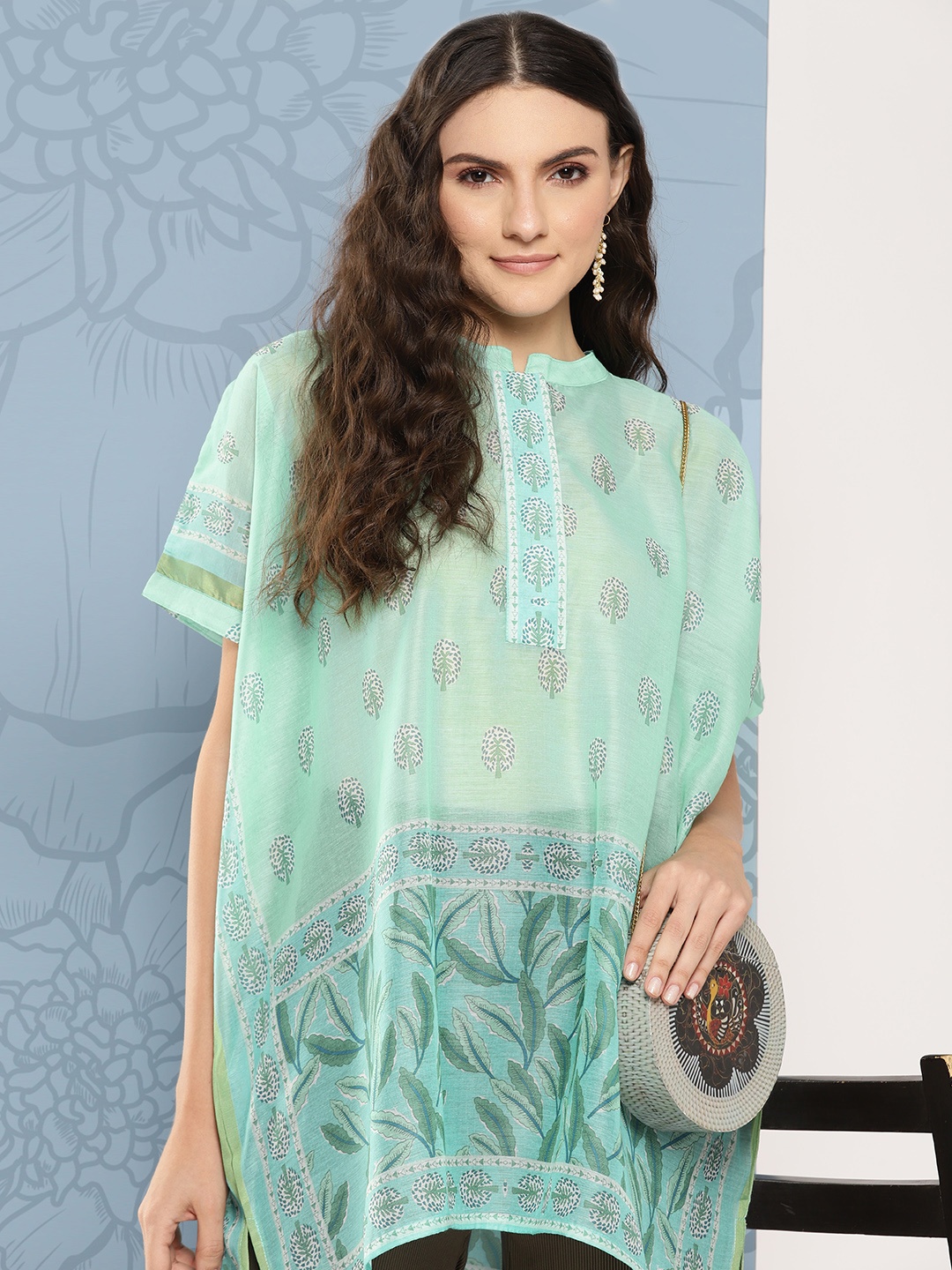 

Yufta Printed Mandarin Collar Ethnic Chanderi Cotton Kaftan Longline Top, Green
