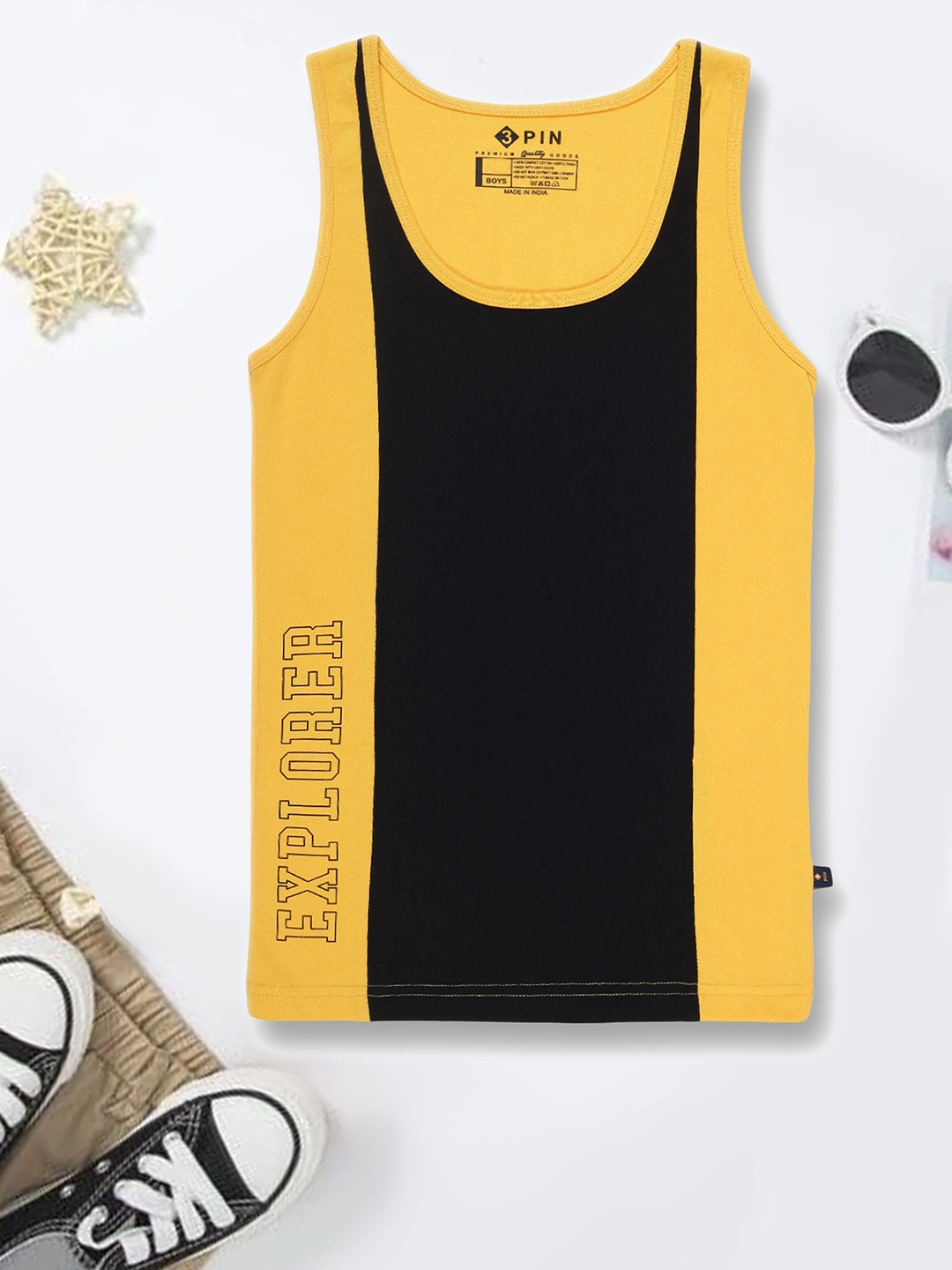 

3PIN Boys Cotton Colourblocked Basic Vest, Mustard