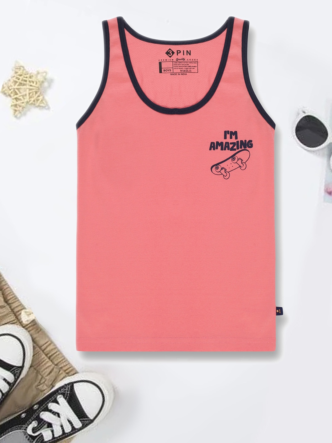 

3PIN Boys Printed Cotton Basic Vest, Coral