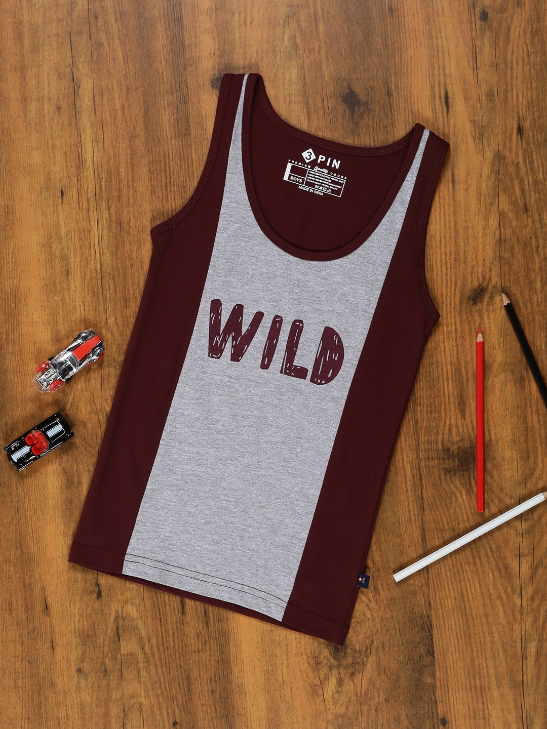 

3PIN Boys Printed Cotton Basic Vest, Burgundy