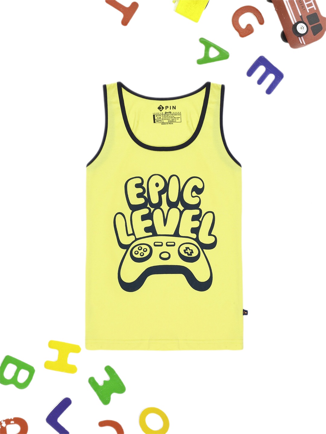 

3PIN Boys Printed Cotton Basic Vest, Yellow