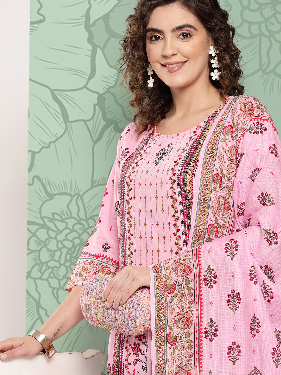 

Juniper Women Floral Printed Regular Sequinned Pure Cotton Kurta with Palazzos & Dupatta, Pink