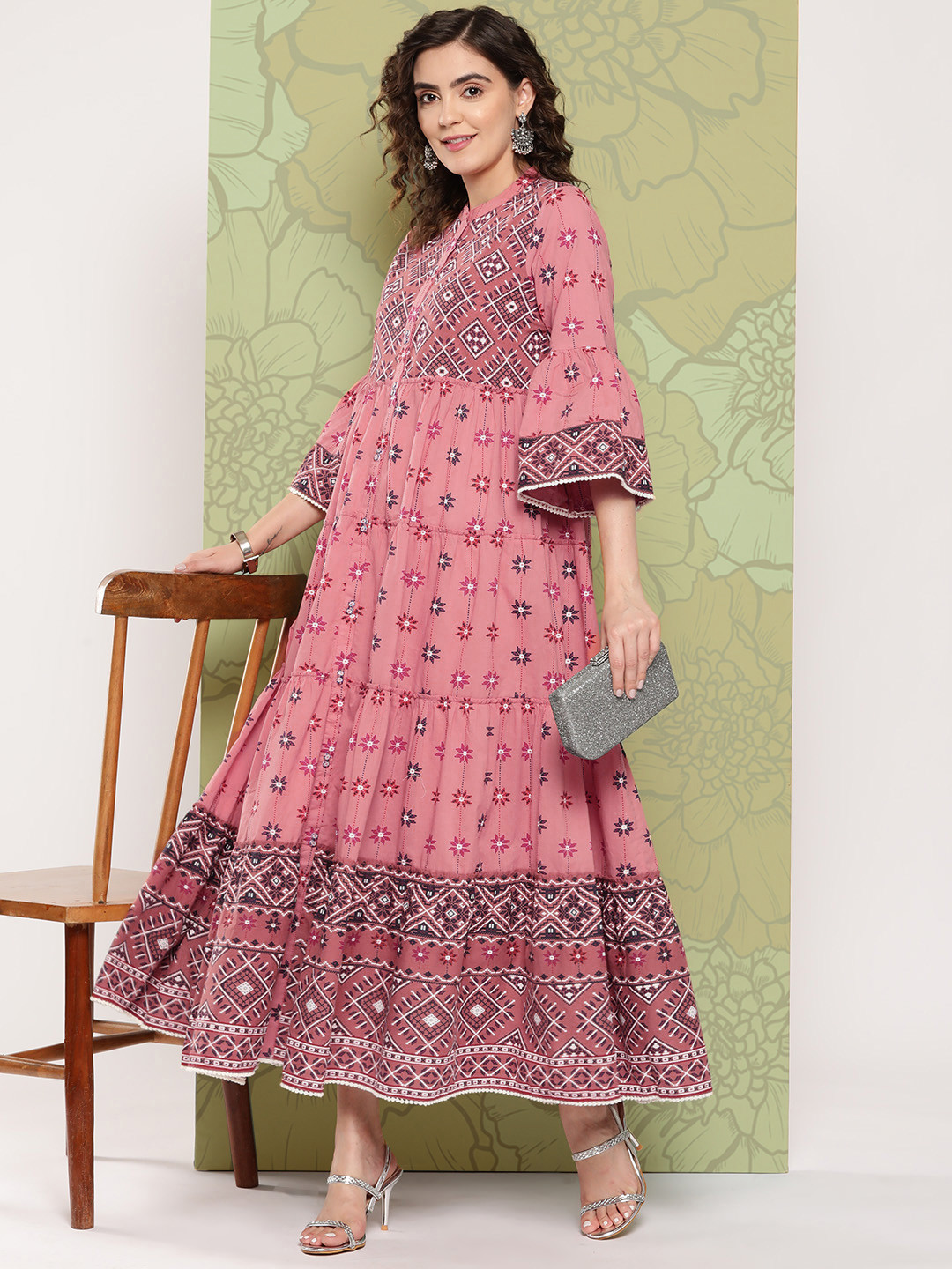 

Juniper Bohemian Printed Tiered Maxi Ethnic Dress, Peach