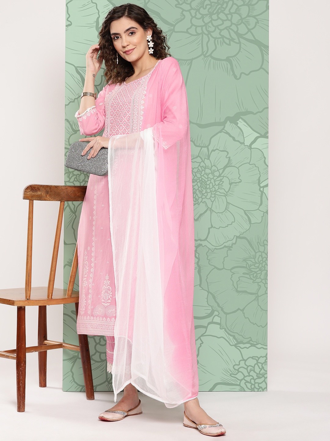 

Juniper Women Yoke Design Regular Sequinned Pure Cotton Kurta with Trousers & With Dupatta, Pink