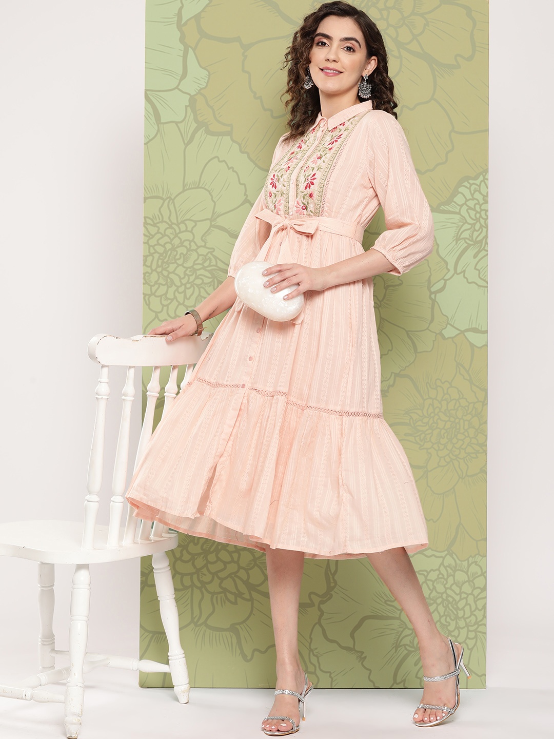 

Juniper Floral Embroidered Tiered Shirt Dress, Peach