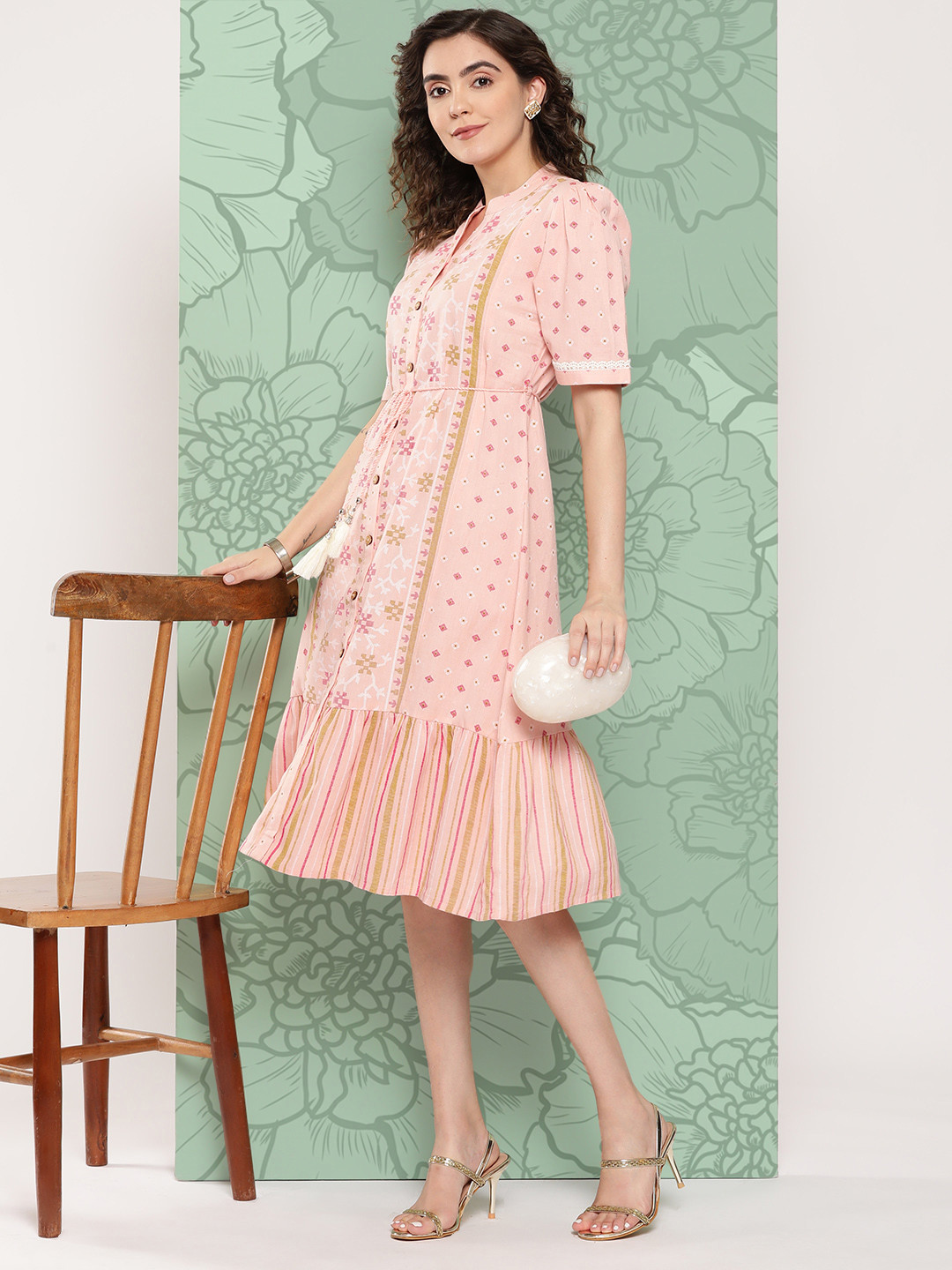 

Juniper Geometric Printed Tiered Fit & Flare Ethnic Dress, Pink