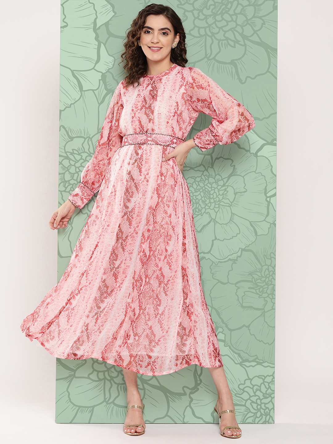 

Juniper Abstract Printed Belted Fit & Flare Ethnic Dress, Peach