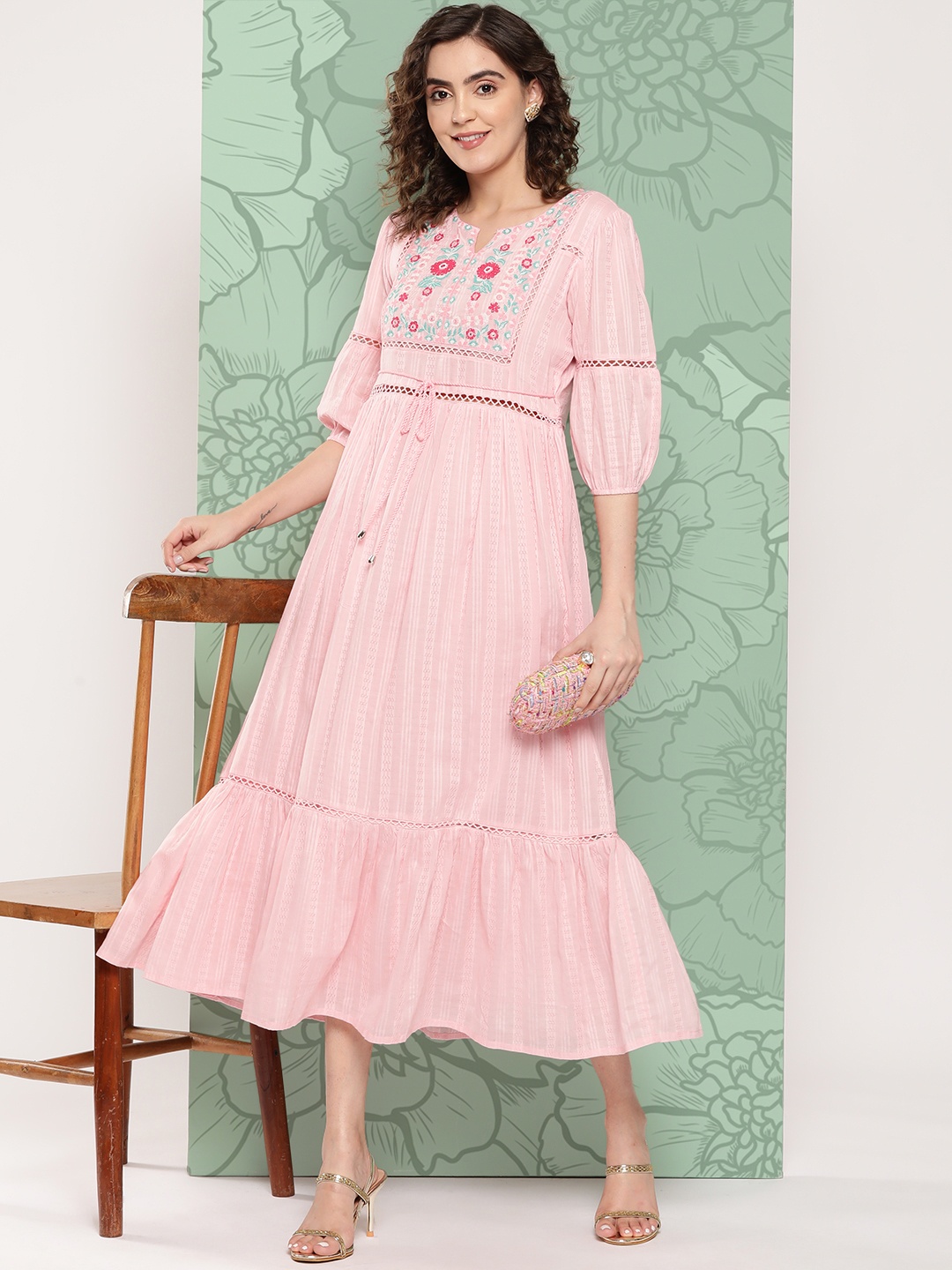 

Juniper Floral Embroidered Tiered Midi Fit & Flare Ethnic Dress, Pink