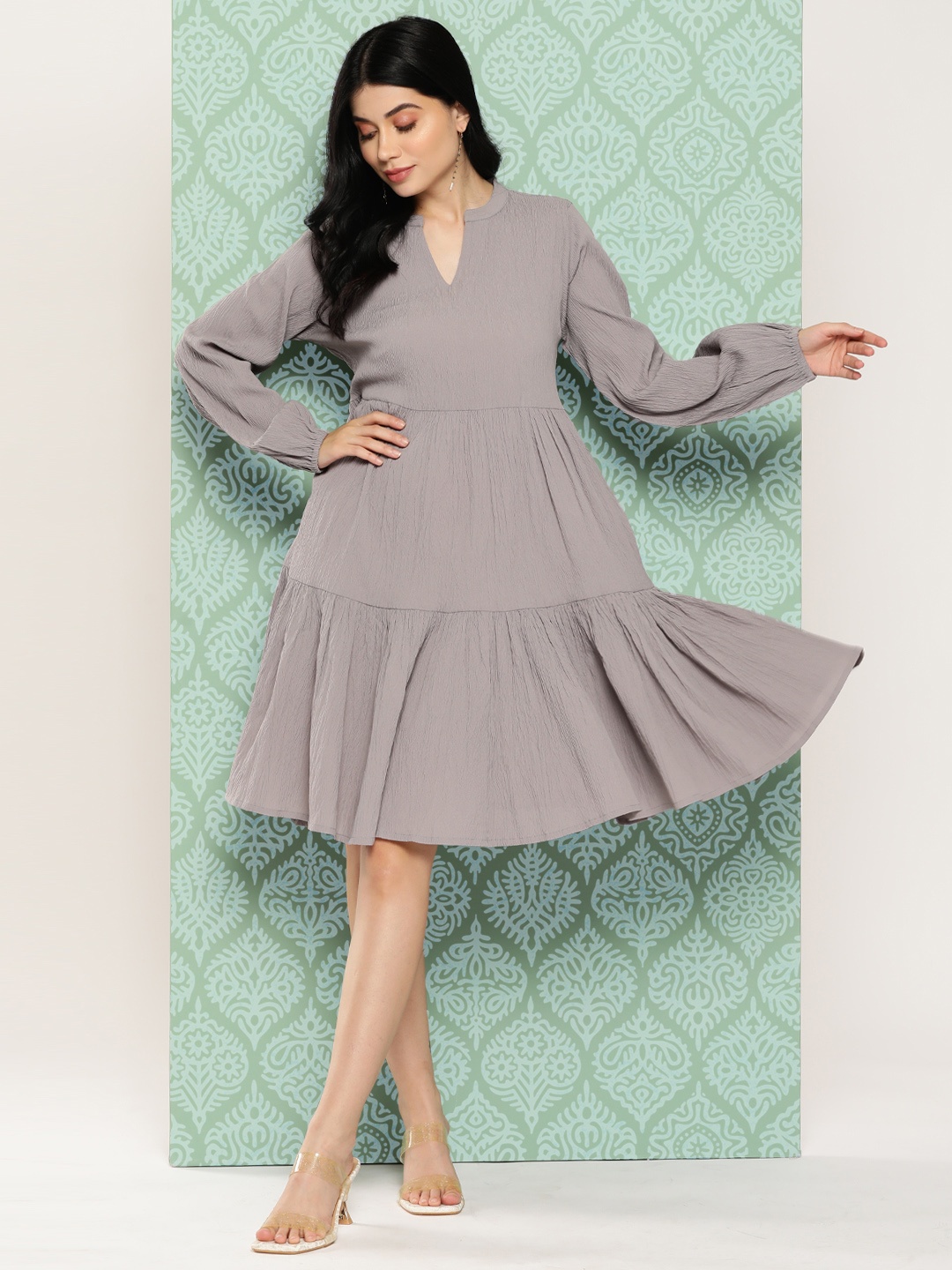 

Varanga Puff Sleeve Crepe A-Line Dress, Grey