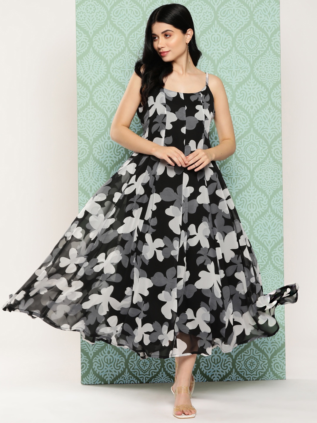 

Varanga Floral Print Georgette A-Line Maxi Dress, Black