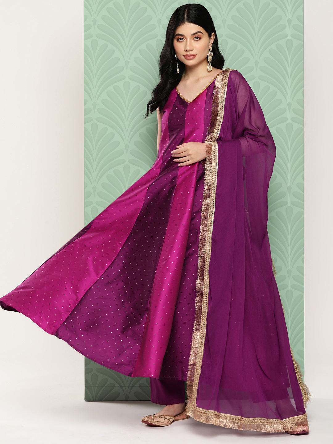 

Varanga Women Striped Panelled Kurta with Trousers & With Dupatta, Pink