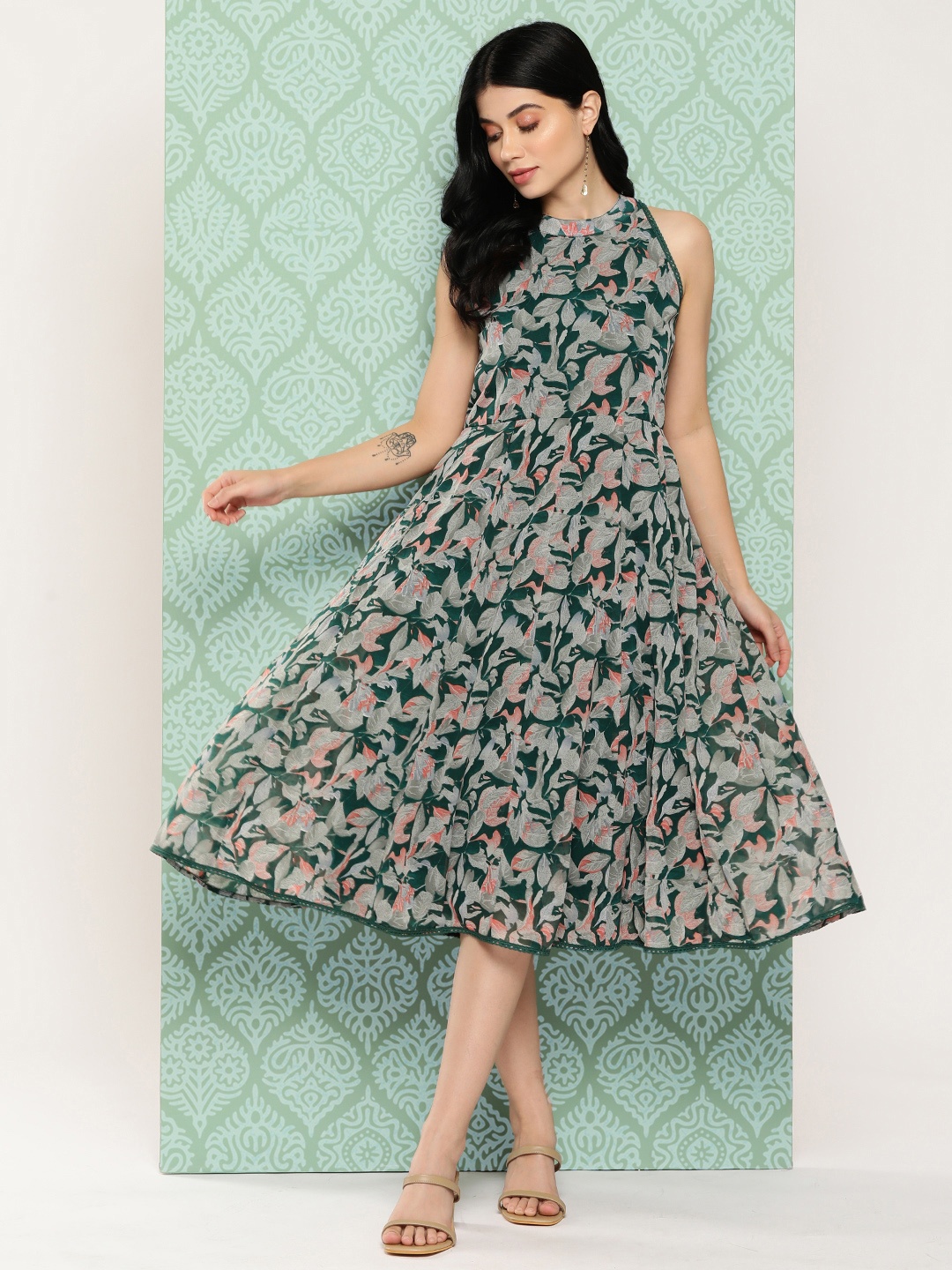 

Varanga Floral Print Georgette A-Line Midi Dress, Green