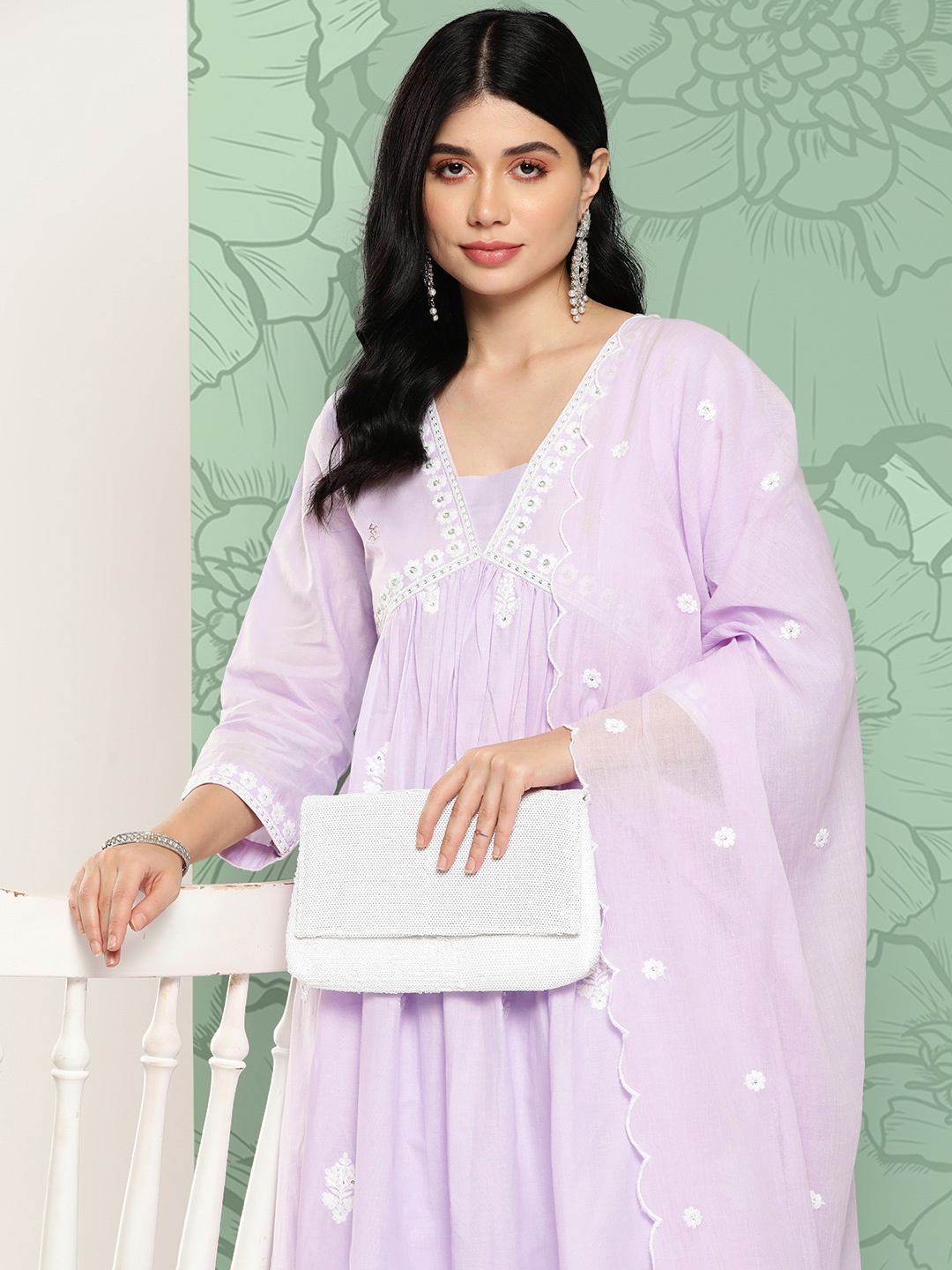 

Varanga Women Floral Embroidered Pleated Thread Work Cotton Kurta with Trousers & Dupatta, Lavender