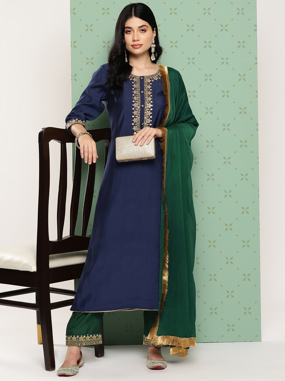 

Varanga Women Ethnic Motifs Yoke Design Regular Kurta with Trousers & With Dupatta, Navy blue