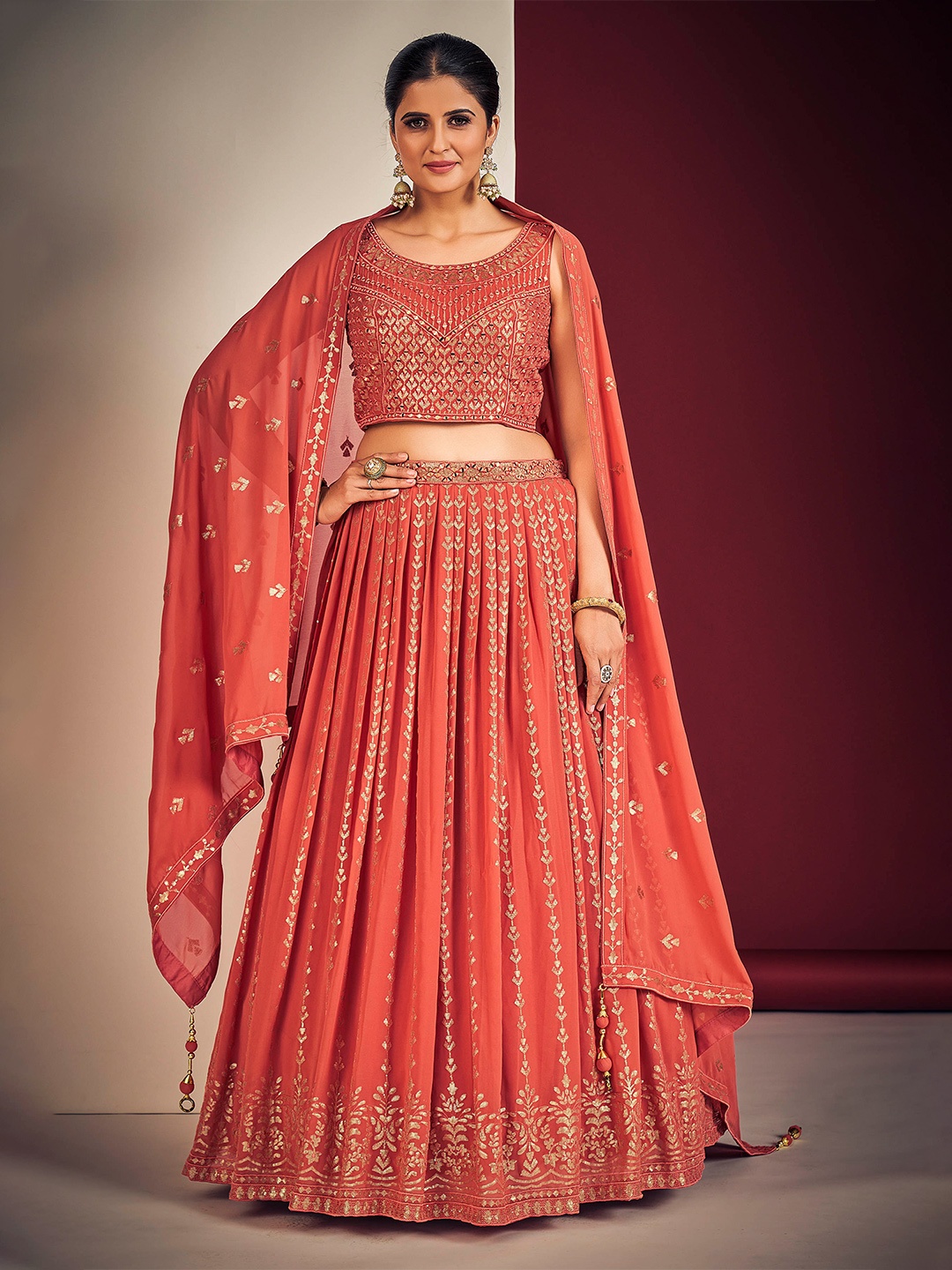 DRESSTIVE Embroidered Sequinned Ready To Wear Lehenga & Blouse With Dupatta, Coral