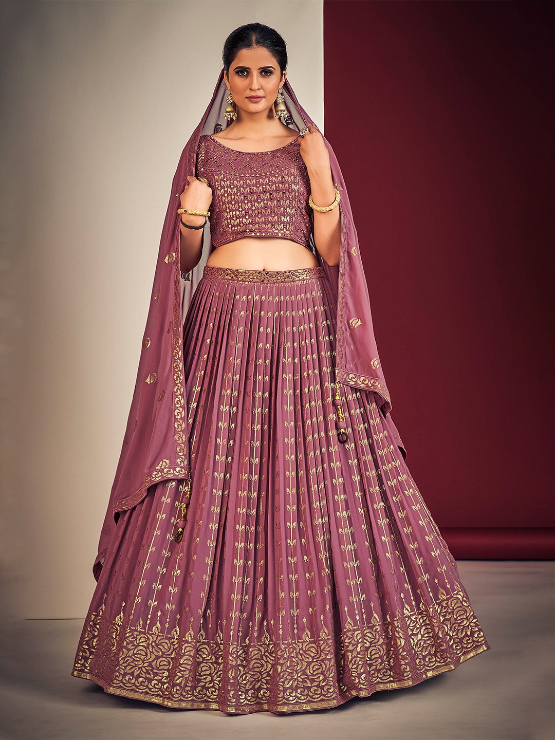 

DRESSTIVE Embroidered Sequinned Ready To Wear Lehenga & Blouse With Dupatta, Mauve