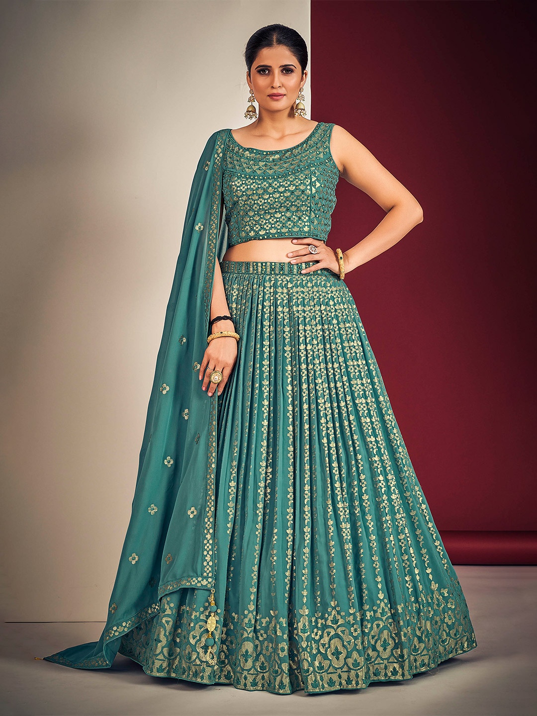 

DRESSTIVE Embroidered Sequinned Ready To Wear Lehenga & Blouse With Dupatta, Teal