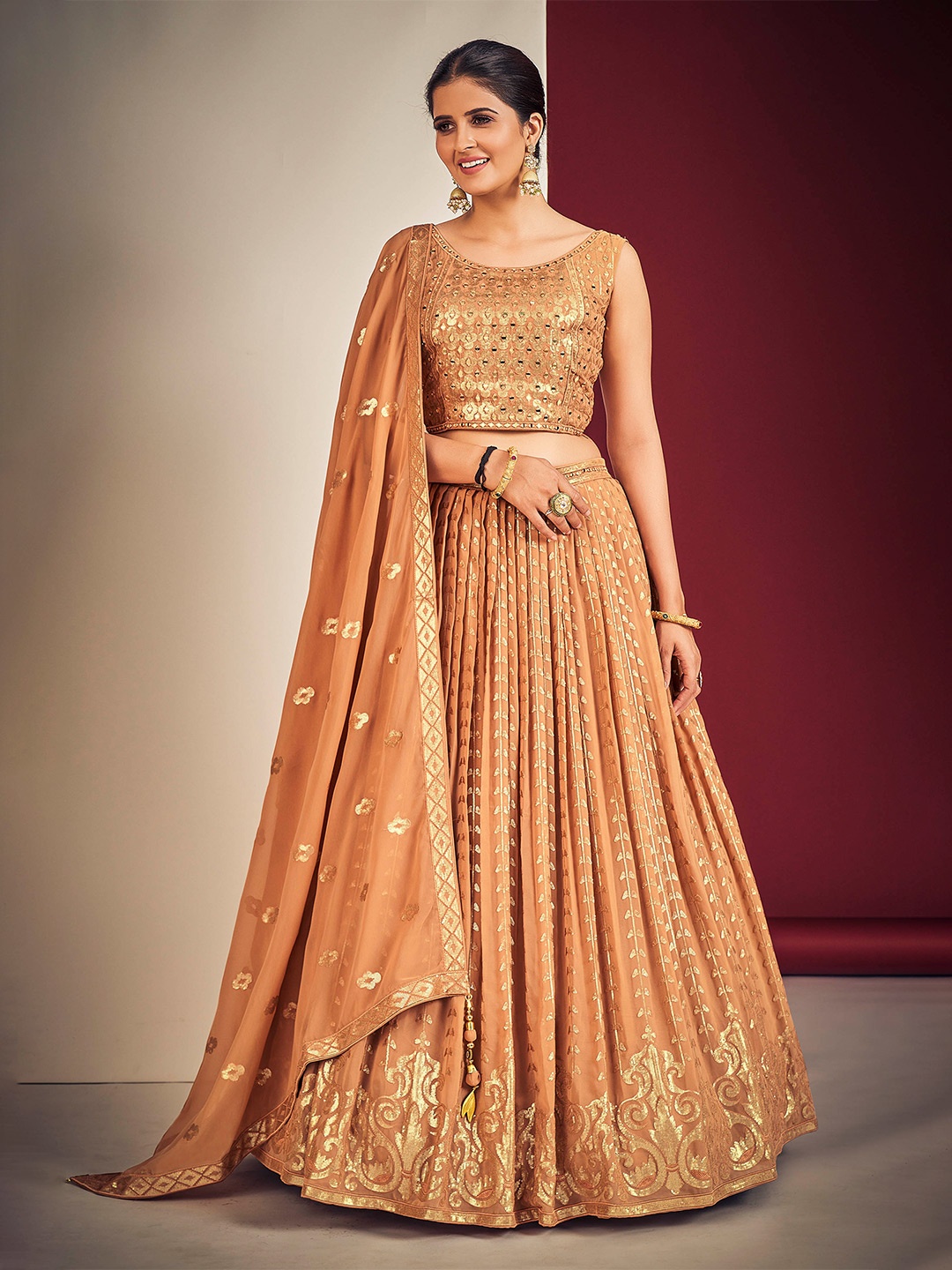 

DRESSTIVE Embroidered Sequinned Ready To Wear Lehenga & Blouse With Dupatta, Peach