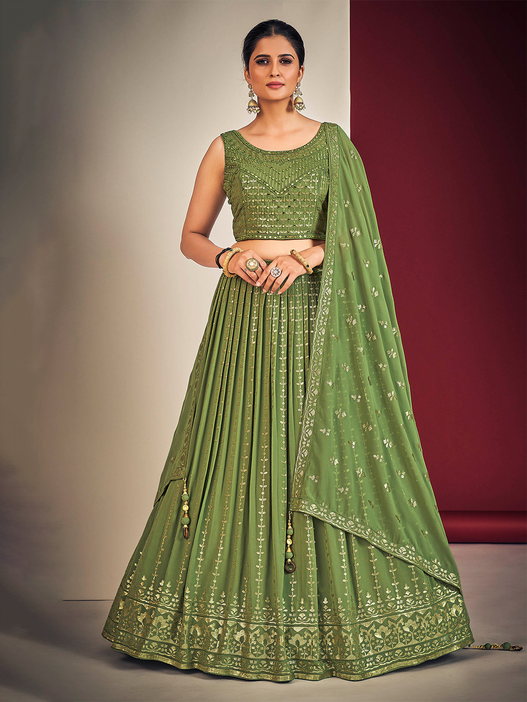 

DRESSTIVE Embroidered Sequinned Ready To Wear Lehenga & Blouse With Dupatta, Green