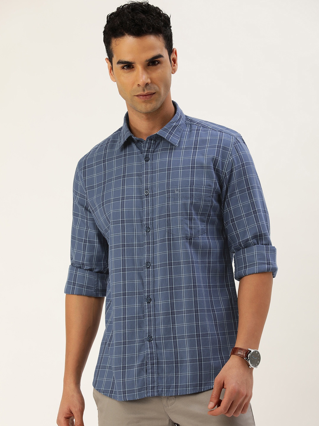 

Parx Pure Cotton Slim Fit Opaque Checked Casual Shirt, Blue