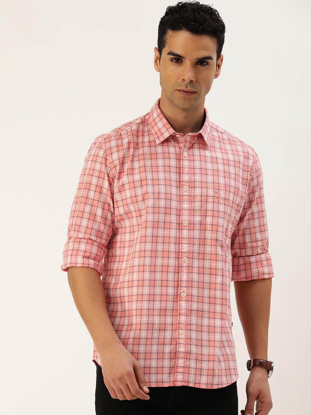 

Parx Pure Cotton Slim Fit Opaque Checked Casual Shirt, Peach