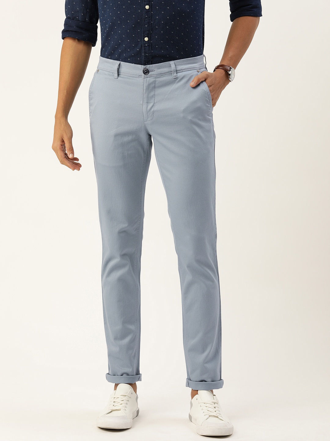 

Parx Men Textured Tapered Fit Low-Rise Smart Casual Trousers, Blue