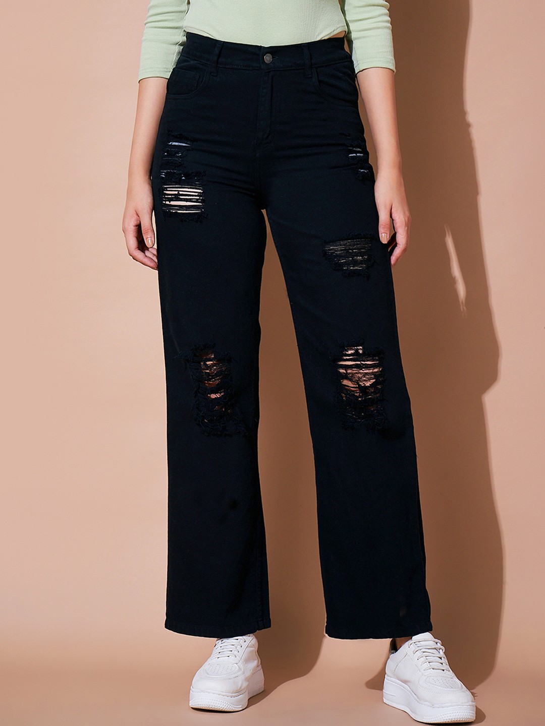 

SASSAFRAS BASICS Women Straight Fit High-Rise Mildly Distressed Jeans, Black
