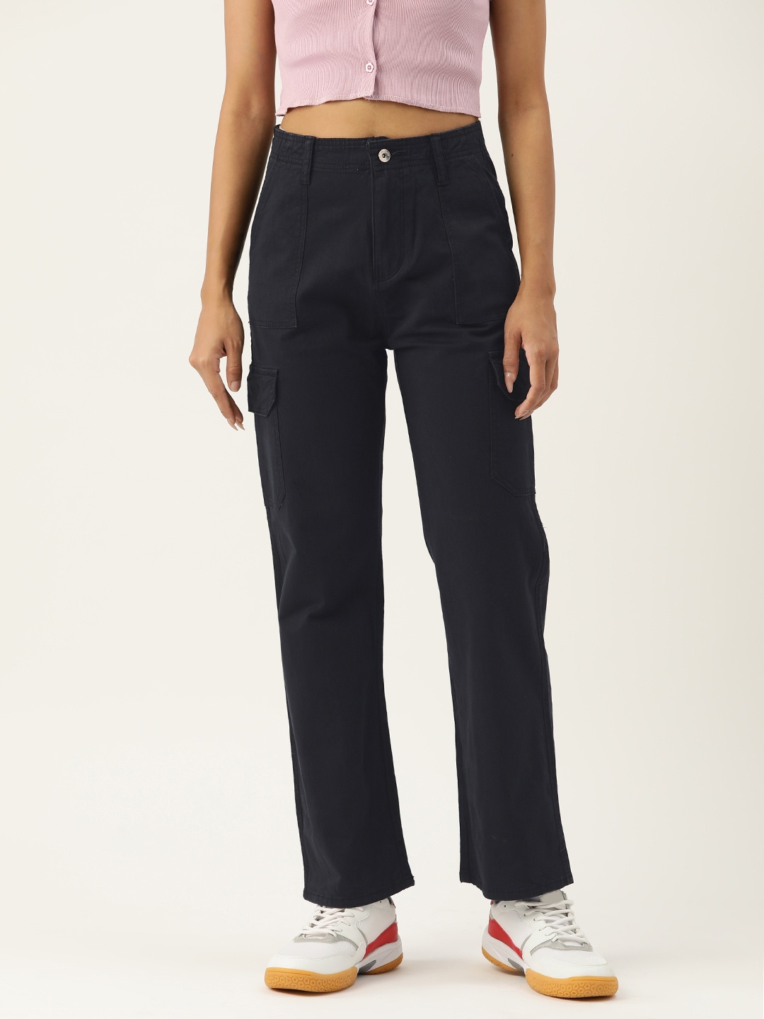 

Malachi Women Straight Fit High-Rise Cotton Cargo Jeans, Black