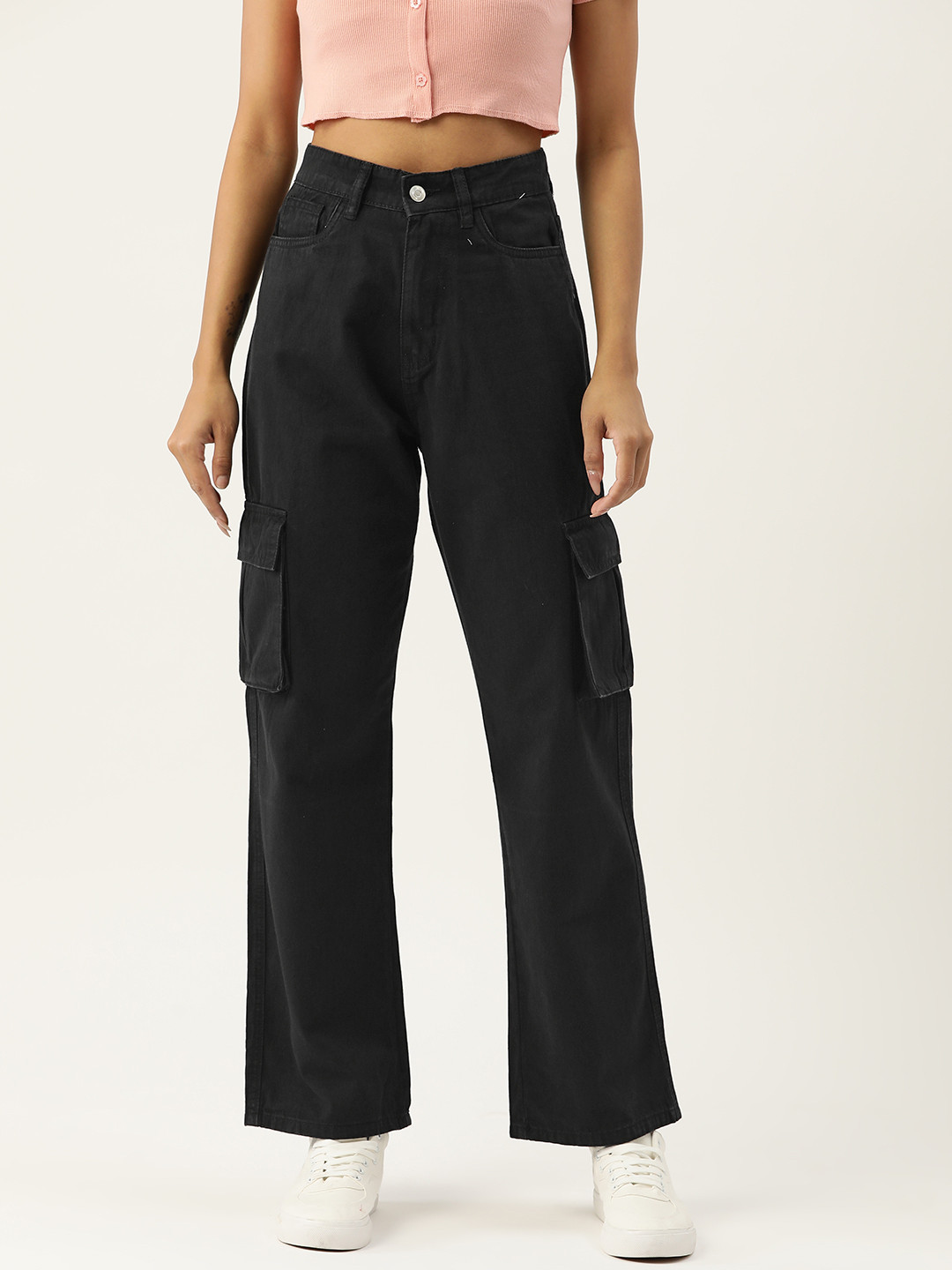 

Malachi Women Straight Fit High-Rise Cotton Cargo Jeans, Black