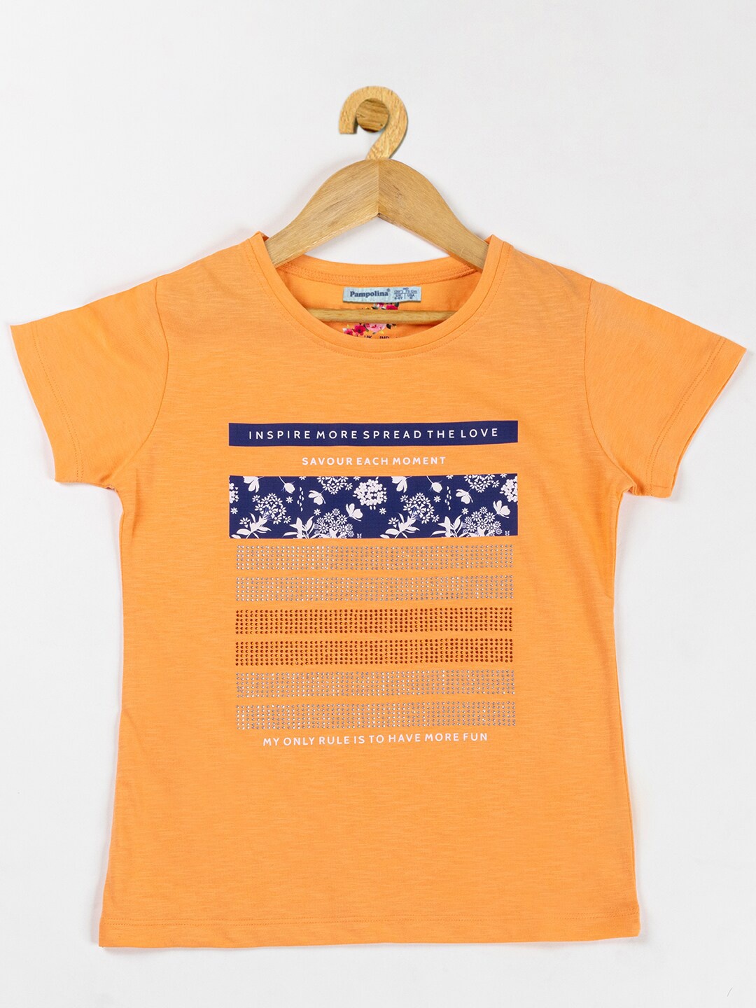 

PAMPOLINA Girls Typography Printed Cotton Top, Orange