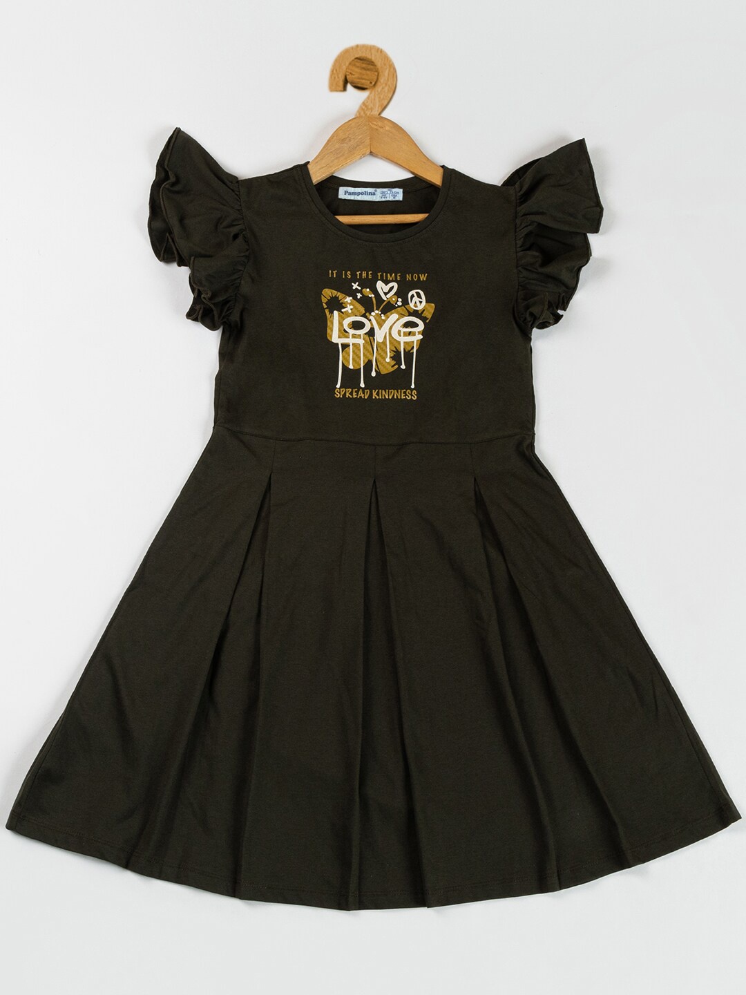 

PAMPOLINA Girls Graphic Print Flutter Sleeves Cotton Fit & Flare Dress, Olive