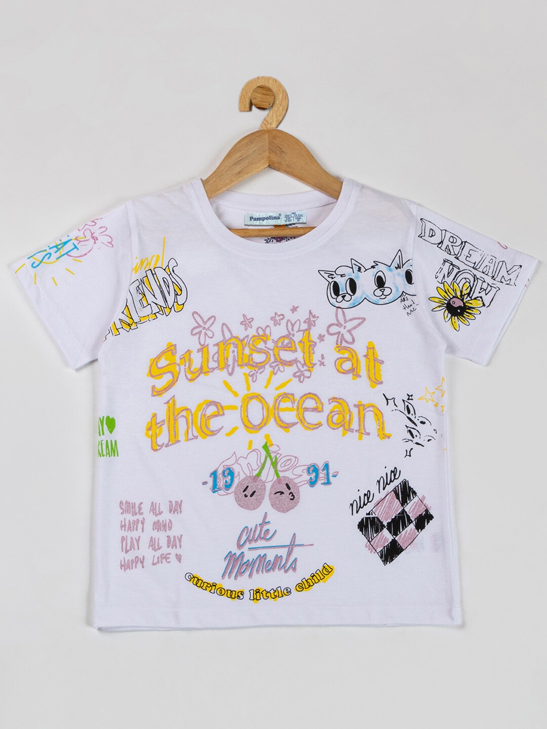 

PAMPOLINA Girls Typography Printed Round Neck Cotton Top, White